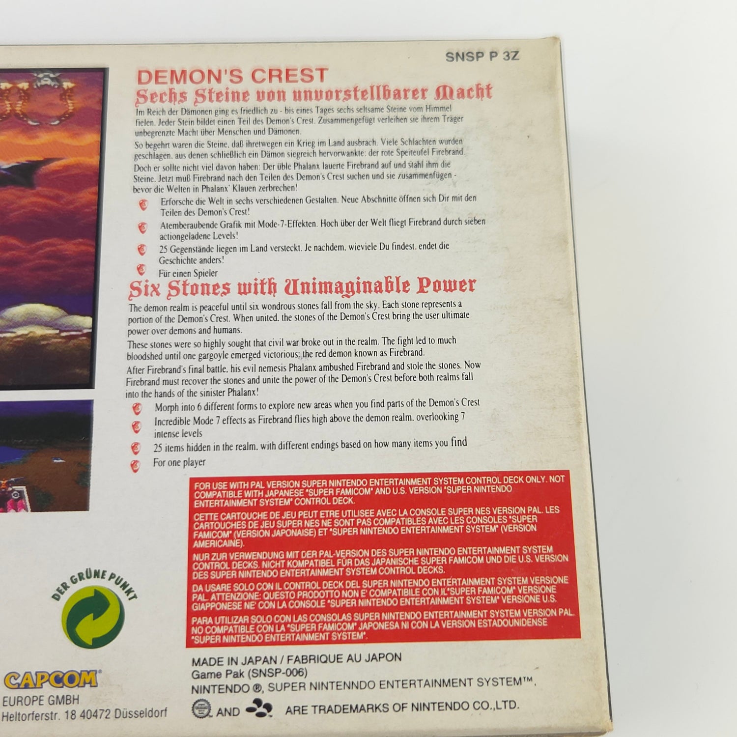 Super Nintendo Spiel : Demons Crest - SNES Modul Anleitung OVP PAL EUR