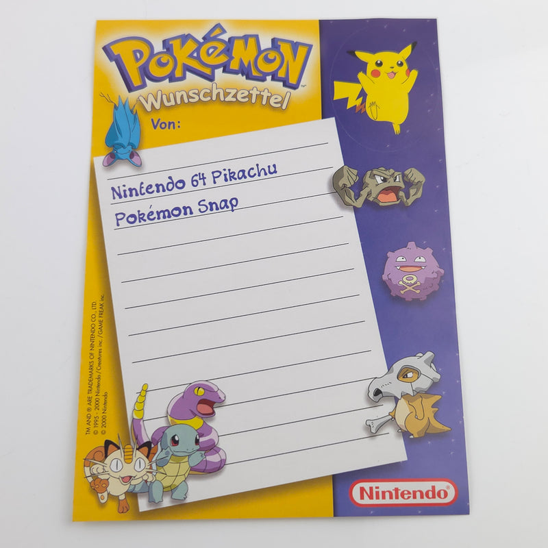 Nintendo 64 Promo Werbung : Pokemon Wunschzettel mit Pikachu Aufkleber