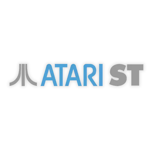 Das Atari ST Logo, mit dem ikonischen stilisierten ‚a‘ in Grau und dem Wortmarken „atari“ in fetten blauen Buchstaben mit „st“ in passendem Grau.