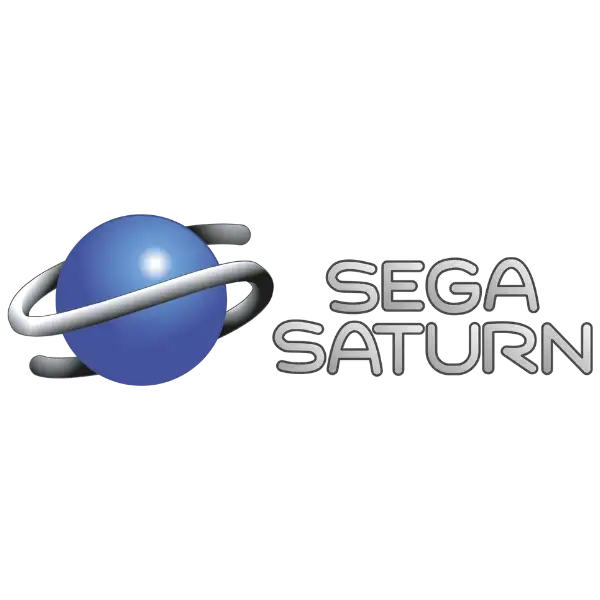Blaues sphärisches Logo mit silbernen Ringen und dem Text ‚sega saturn‘ in metallisch grauen Buchstaben.