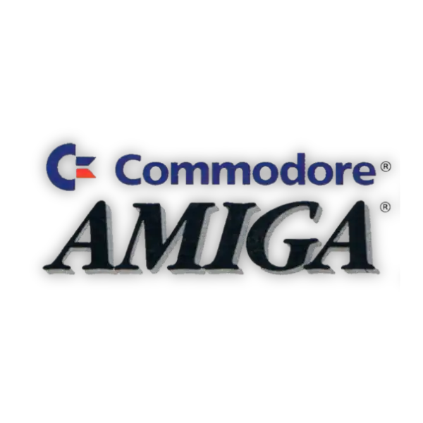 Commodore Amiga-Logo mit blauer und silberner Beschriftung auf schwarzem Hintergrund.
