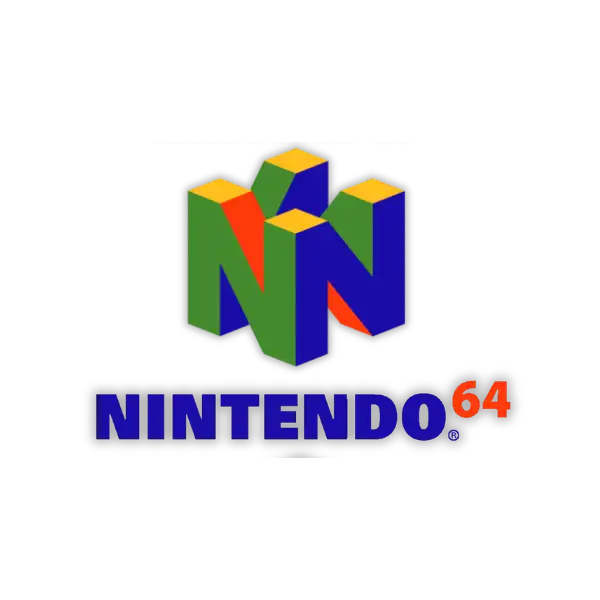 Das ikonische Nintendo 64 Logo, das ein stilisiertes „n“ in Grün und Blau mit orangenen Akzenten auf schwarzem Hintergrund zeigt.