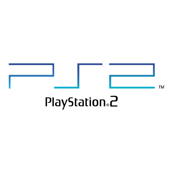 Das ikonische PlayStation-2-Logo, das schlanke blaue Verlaufsbuchstaben mit einem modernen metallischen Glanz auf schwarzem Hintergrund zeigt.