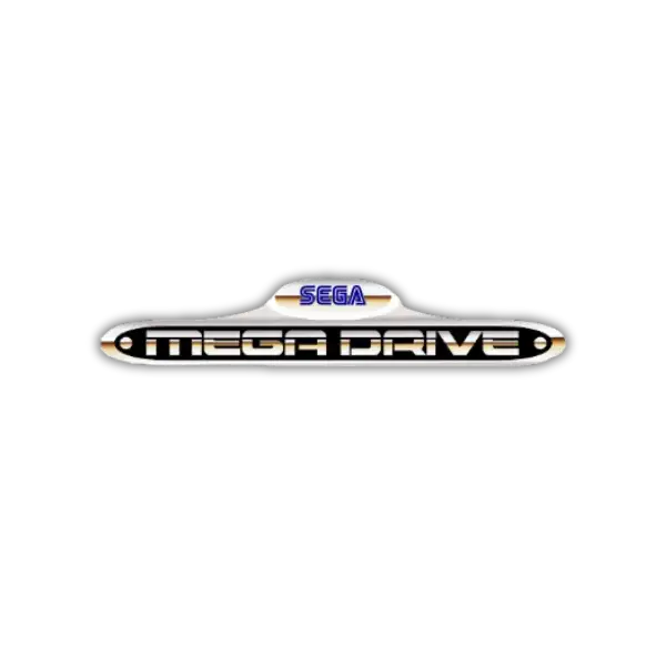 Das ikonische silberne und goldene Sega-Mega-Drive-Logo mit einem schlanken, futuristischen Design.
