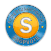 Das Logo zeigt einen kräftigen schwarzen Buchstaben „s“ mittig in einem leuchtenden gelben Kreis, umgeben von dem Text „bewertungsportal“ und „shopvote“ in Blau auf beiden Seiten.