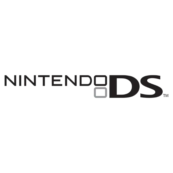 Nintendo DS Logo in Dunkelgrau mit einem stilisierten Handheld-Konsolen-Icon.