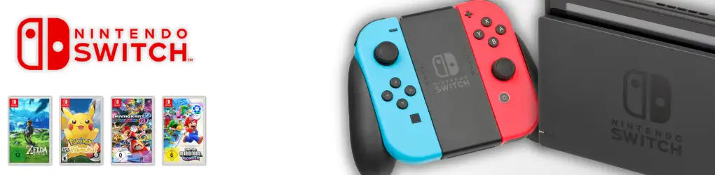 Die Nintendo Switch Konsole mit ihren charakteristischen roten und blauen Joy-Con-Controllern.