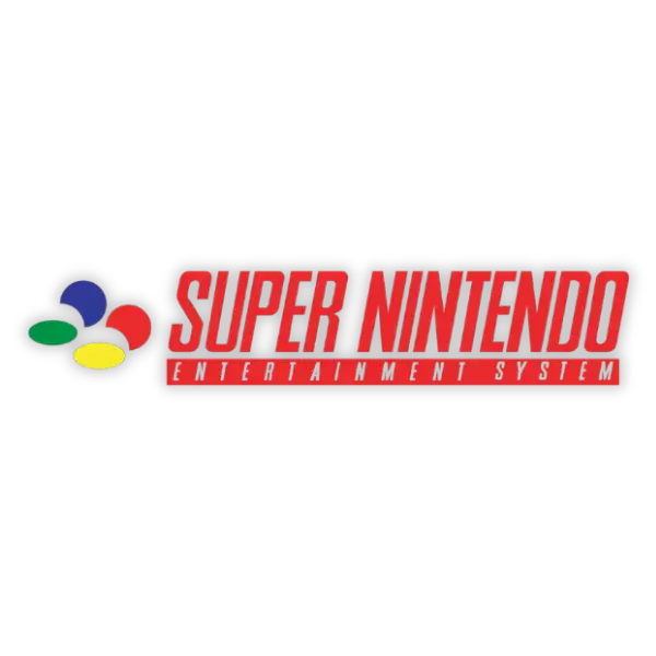 Rotes ’super nintendo entertainment system’-Logo mit farbenfrohem kreisförmigem Emblem auf schwarzem Hintergrund.