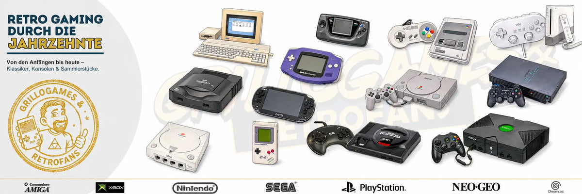 Eine Sammlung von Retro-Gaming-Konsolen und Controllern verschiedener Marken, darunter Nintendo, Sega, PlayStation und Neo-Geo.