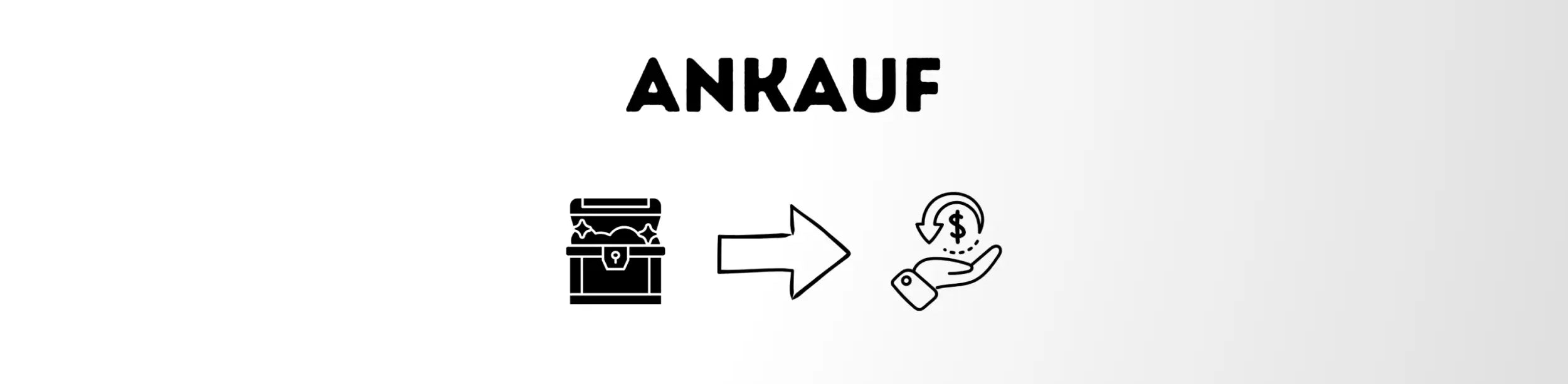 Schwarz-weiße Linienzeichnung einer Schatztruhe und einer Hand, die Geld hält, mit der Beschriftung »ankauf« oben.