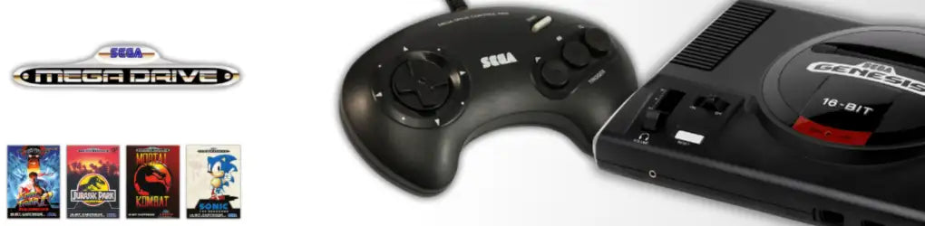 Schwarze Plastik Sega Mega Drive Konsole mit passendem schwarzem Controller, mit dem ikonischen „16-Bit“-Label und klassischen Spielkassettenschlitzen.