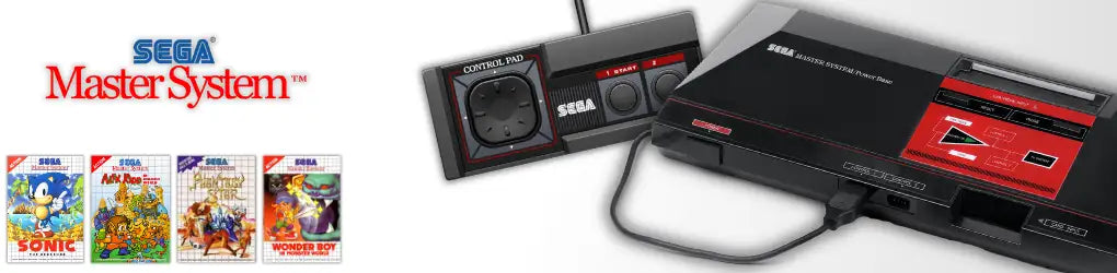 Schwarze und rote Sega Master System Konsole mit passendem Controller, mit einem schlanken Kunststoffdesign und ikonischer Markenbildung.