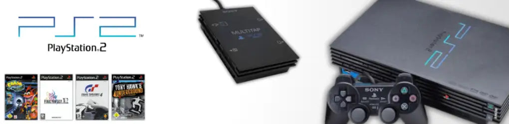 Schwarze Sony PlayStation 2 Konsole mit blau leuchtendem Logo und passendem schwarzem Controller