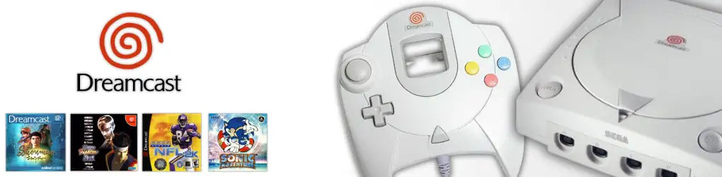 Weiße Dreamcast-Konsole und Controller mit bunten Tasten.