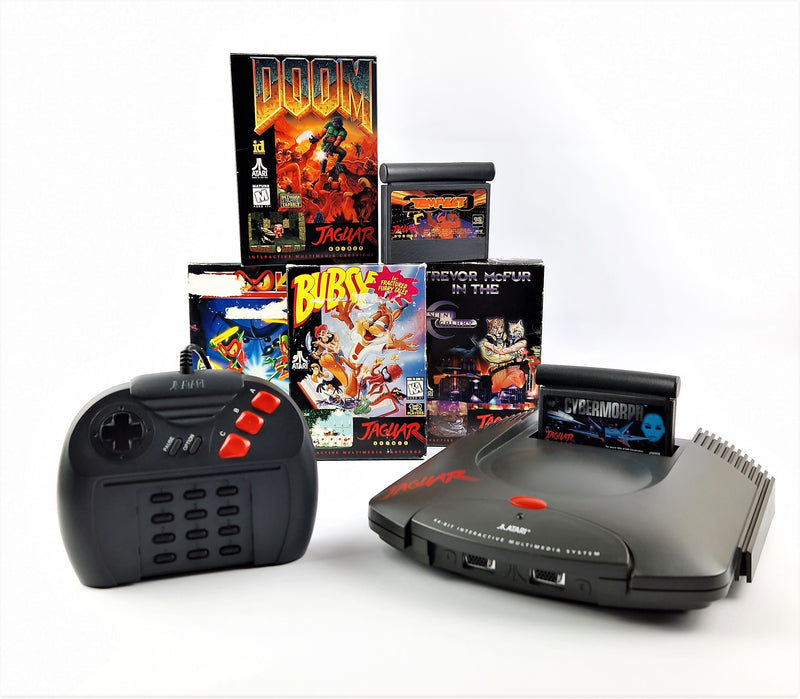 Atari Jaguar Konsole mit 1 Controller,  Anschlusskabel u 6 Spiele - Doom OVP PAL
