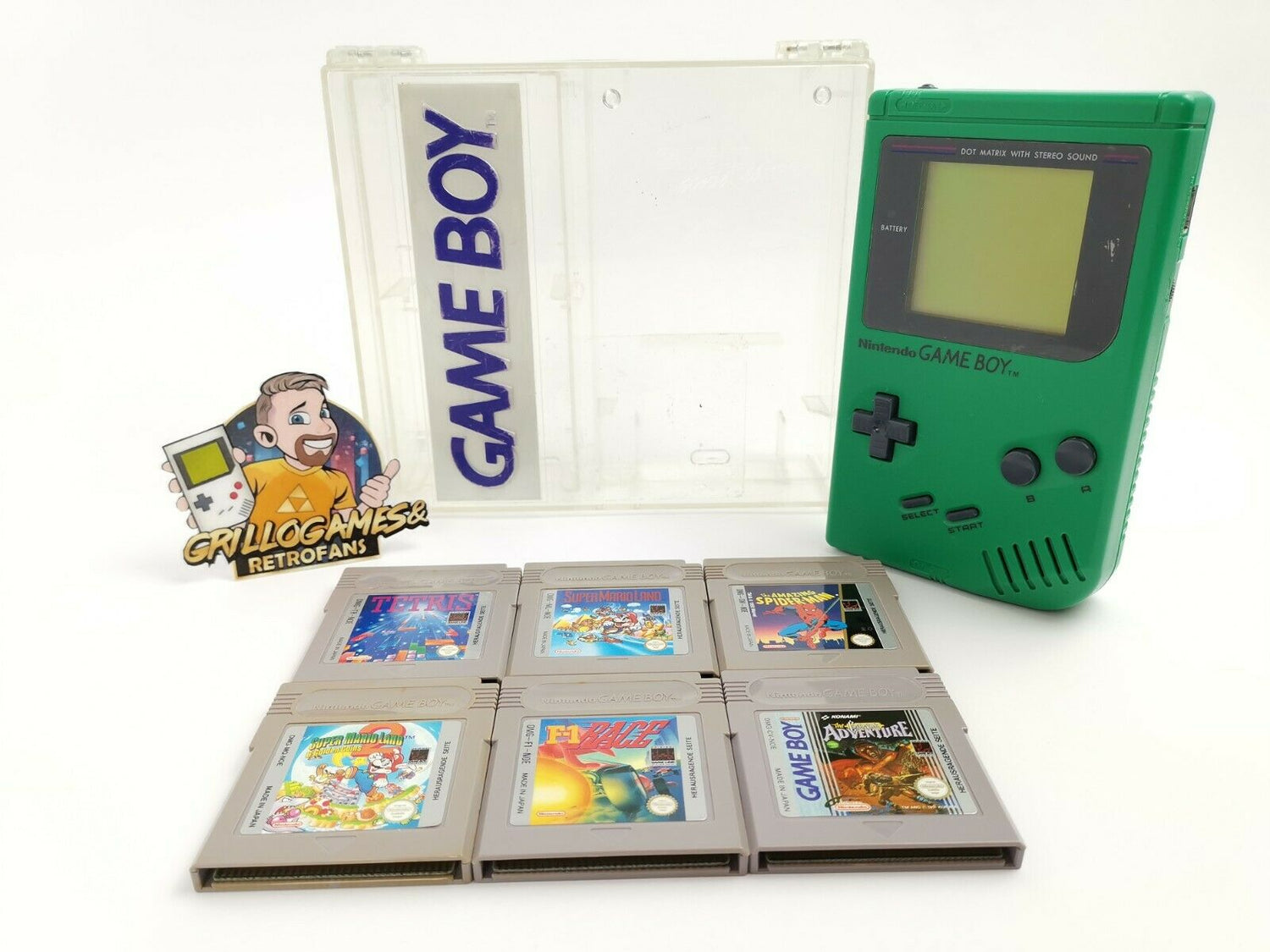 Nintendo Gameboy Classic Grün Konsolen Bundle, 6 Spiele & Crystal Case Box #2