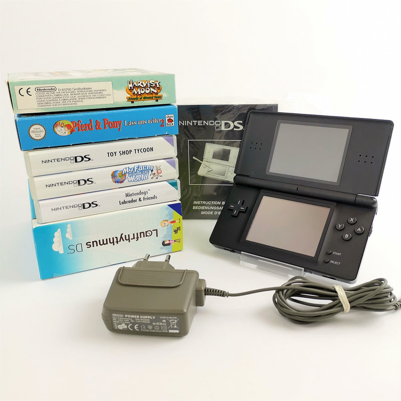 Nintendo DS Lite Black - Console bundle with 5 games, charging cable and empty original packaging