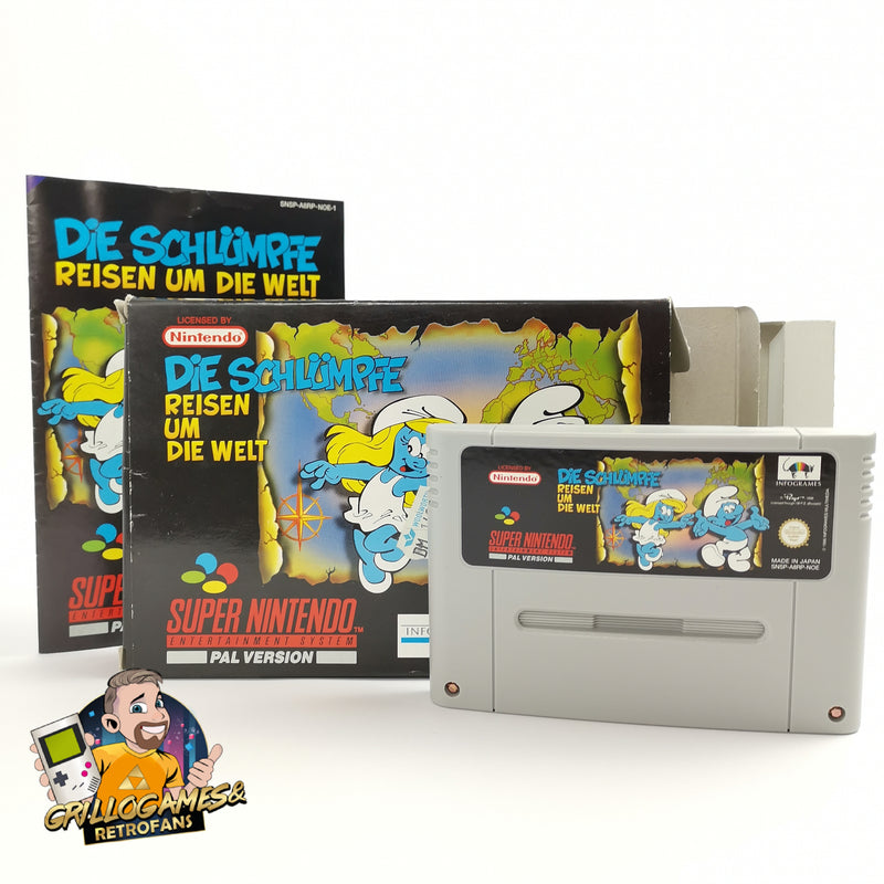 Super Nintendo game "The Smurfs Travel the World" SNES | Original packaging | PAL NOE-1